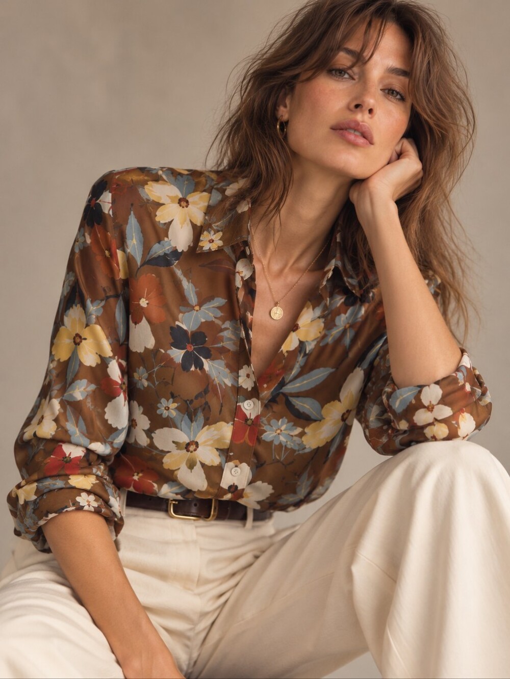 Sézane Floral Print Button-Up Blouse Brown Multicolor Size 34